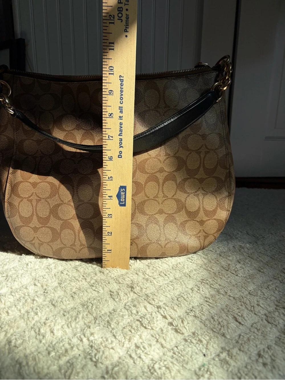 Coach Signature Shoulder Bag in Khaki/Chalk with Brown Trim